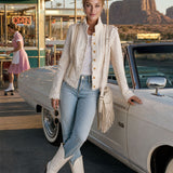 Casual Retro Frayed Off-white Denim Military Style Jacket