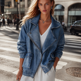 Stylish Collared Blue Denim Zip-Up Bomber Jacket