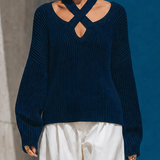 Women's Crisscross Cutout Ribbed Navy Sweater MDZ0331I0YZJ