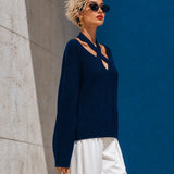 Women's Crisscross Cutout Ribbed Navy Sweater MDZ0331I0YZJ