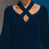 Women's Crisscross Cutout Ribbed Navy Sweater MDZ0331I0YZJ