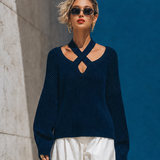 Women's Crisscross Cutout Ribbed Navy Sweater MDZ0331I0YZJ