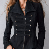 Women's Military-Style Black Faux Suede Zip-Front Napoleon Jacket