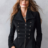 Women's Military-Style Black Faux Suede Zip-Front Napoleon Jacket