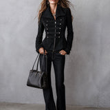 Women's Military-Style Black Faux Suede Zip-Front Napoleon Jacket
