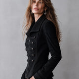 Women's Military-Style Black Faux Suede Zip-Front Napoleon Jacket