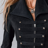 Women's Military-Style Black Faux Suede Zip-Front Napoleon Jacket