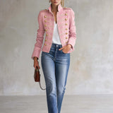 Vintage Military Pink Denim Band Jacket Women Gold Button Cropped Fall Coat