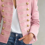 Vintage Military Pink Denim Band Jacket Women Gold Button Cropped Fall Coat