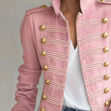 Vintage Military Pink Denim Band Jacket Women Gold Button Cropped Fall Coat