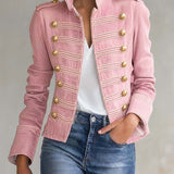 Vintage Military Pink Denim Band Jacket Women Gold Button Cropped Fall Coat