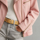 Retro Pink Collared Zip-up Denim Jacket