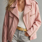 Retro Pink Collared Zip-up Denim Jacket