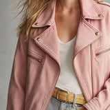 Retro Pink Collared Zip-up Denim Jacket
