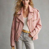 Retro Pink Collared Zip-up Denim Jacket