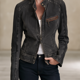 Women’s Vintage Black Grey Washed Denim Moto Jacket