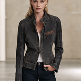 Women’s Vintage Black Grey Washed Denim Moto Jacket