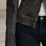 Women’s Vintage Black Grey Washed Denim Moto Jacket