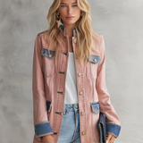 Women’s Blush Pink Denim Military Jacket With Contrast Blue Trim
