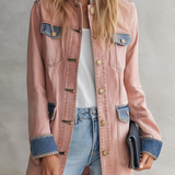 Women’s Blush Pink Denim Military Jacket With Contrast Blue Trim