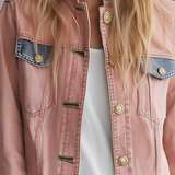 Women’s Blush Pink Denim Military Jacket With Contrast Blue Trim