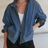Women’s Vintage Wash Denim Bomber Jacket With Plaid Collar