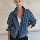 Women’s Vintage Wash Denim Bomber Jacket With Plaid Collar