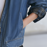 Women’s Vintage Wash Denim Bomber Jacket With Plaid Collar