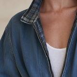 Women’s Vintage Wash Denim Bomber Jacket With Plaid Collar