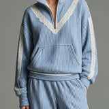 Casual Retro Lace-trimmed Blue Striped Stand-collar Sweatshirt And Pants Set