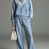 Casual Retro Lace-trimmed Blue Striped Stand-collar Sweatshirt And Pants Set