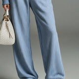Casual Retro Lace-trimmed Blue Striped Stand-collar Sweatshirt And Pants Set