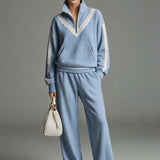 Casual Retro Lace-trimmed Blue Striped Stand-collar Sweatshirt And Pants Set