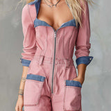 Retro Utility Pink Denim Jumpsuit Women Zip Front Contrast Trim Straight Leg