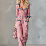 Retro Utility Pink Denim Jumpsuit Women Zip Front Contrast Trim Straight Leg
