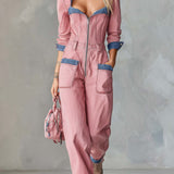 Retro Utility Pink Denim Jumpsuit Women Zip Front Contrast Trim Straight Leg