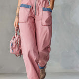 Retro Utility Pink Denim Jumpsuit Women Zip Front Contrast Trim Straight Leg