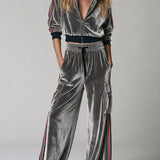 Casual Retro Color-blocked Webbing Gray Stand-collar Velvet Jacket And Trousers Set