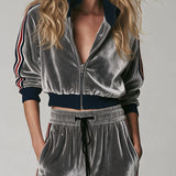 Casual Retro Color-blocked Webbing Gray Stand-collar Velvet Jacket And Trousers Set