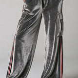 Casual Retro Color-blocked Webbing Gray Stand-collar Velvet Jacket And Trousers Set