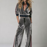 Casual Retro Color-blocked Webbing Gray Stand-collar Velvet Jacket And Trousers Set