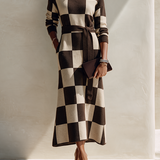 Women's Off-Shoulder Checkered Knit Maxi Dress MDZ0361I0ZRK