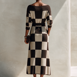 Women's Off-Shoulder Checkered Knit Maxi Dress MDZ0361I0ZRK