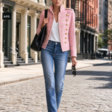 Vintage Military Pink Denim Band Jacket Women Gold Button Cropped Fall Coat