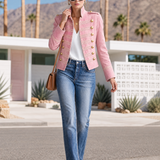 Vintage Military Pink Denim Band Jacket Women Gold Button Cropped Fall Coat