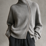 Women's Grey Diagonal‑Zip Funnel Neck Knit Sweater MDZ0365I7R