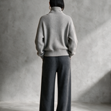 Women's Grey Diagonal‑Zip Funnel Neck Knit Sweater MDZ0365I7R