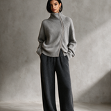Women's Grey Diagonal‑Zip Funnel Neck Knit Sweater MDZ0365I7R