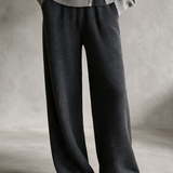 Women's Dark Grey Rib‑Knit Elastic Waist Wide‑Leg Trousers MDZ0311I2R