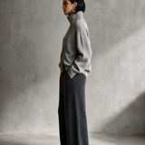 Women's Dark Grey Rib‑Knit Elastic Waist Wide‑Leg Trousers MDZ0311I2R